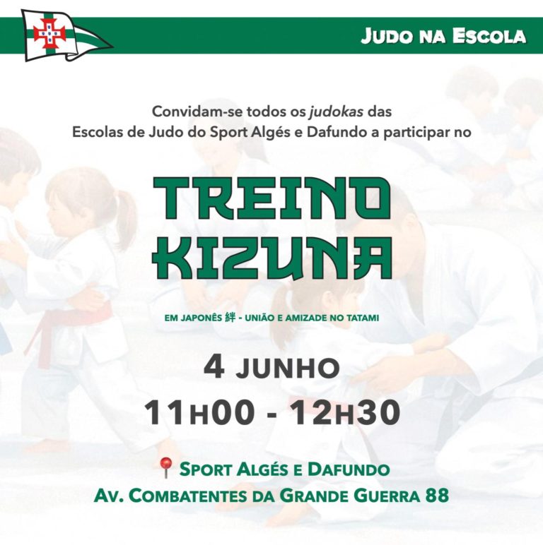 Cartaz do Treino Kizuna de Judo, convite às escolas de judo do Sport Algés e Dafundo, dia 4 de junho das 11h00 às 12h30