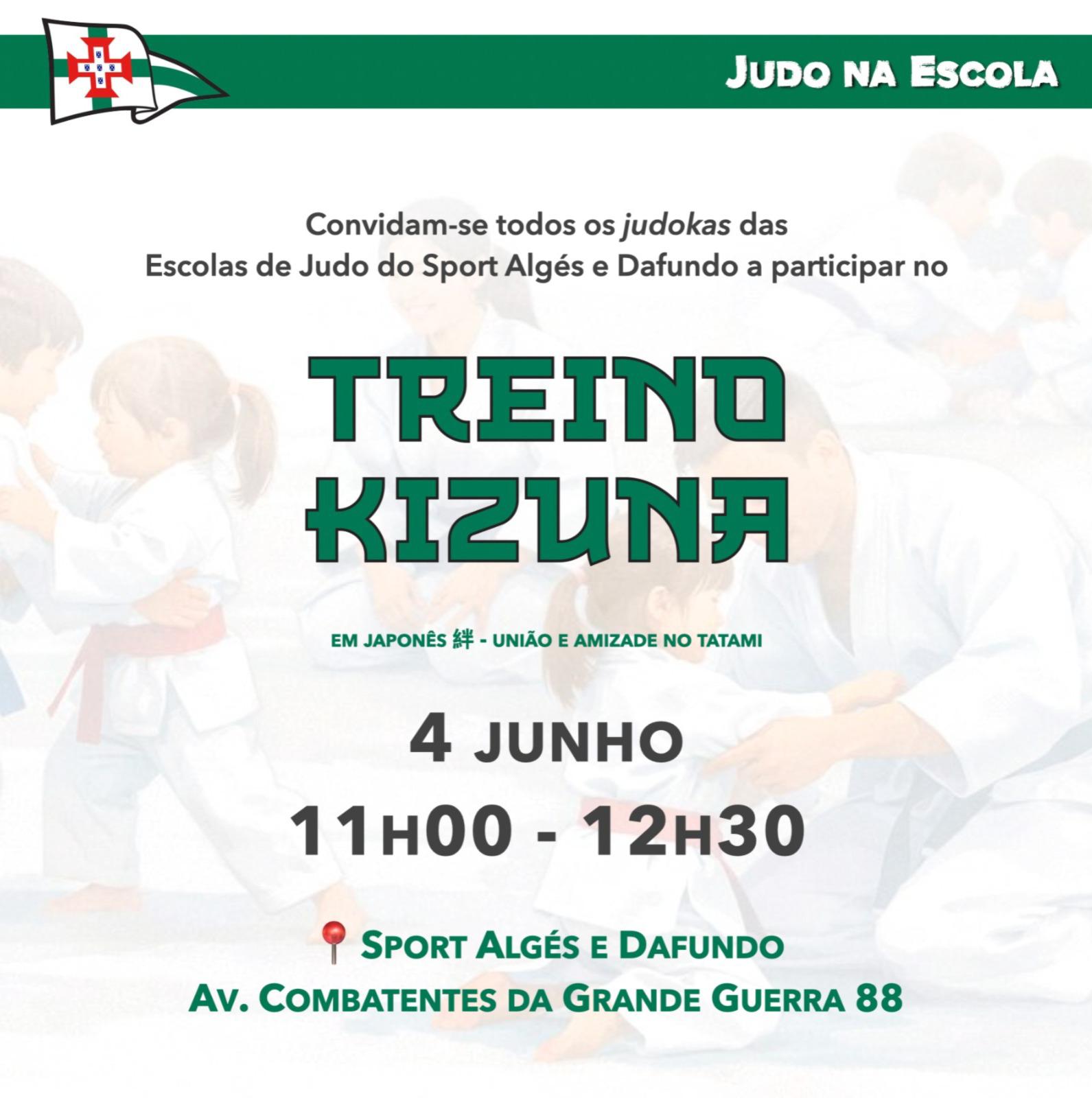 Cartaz do Treino Kizuna de Judo, convite às escolas de judo do Sport Algés e Dafundo, dia 4 de junho das 11h00 às 12h30