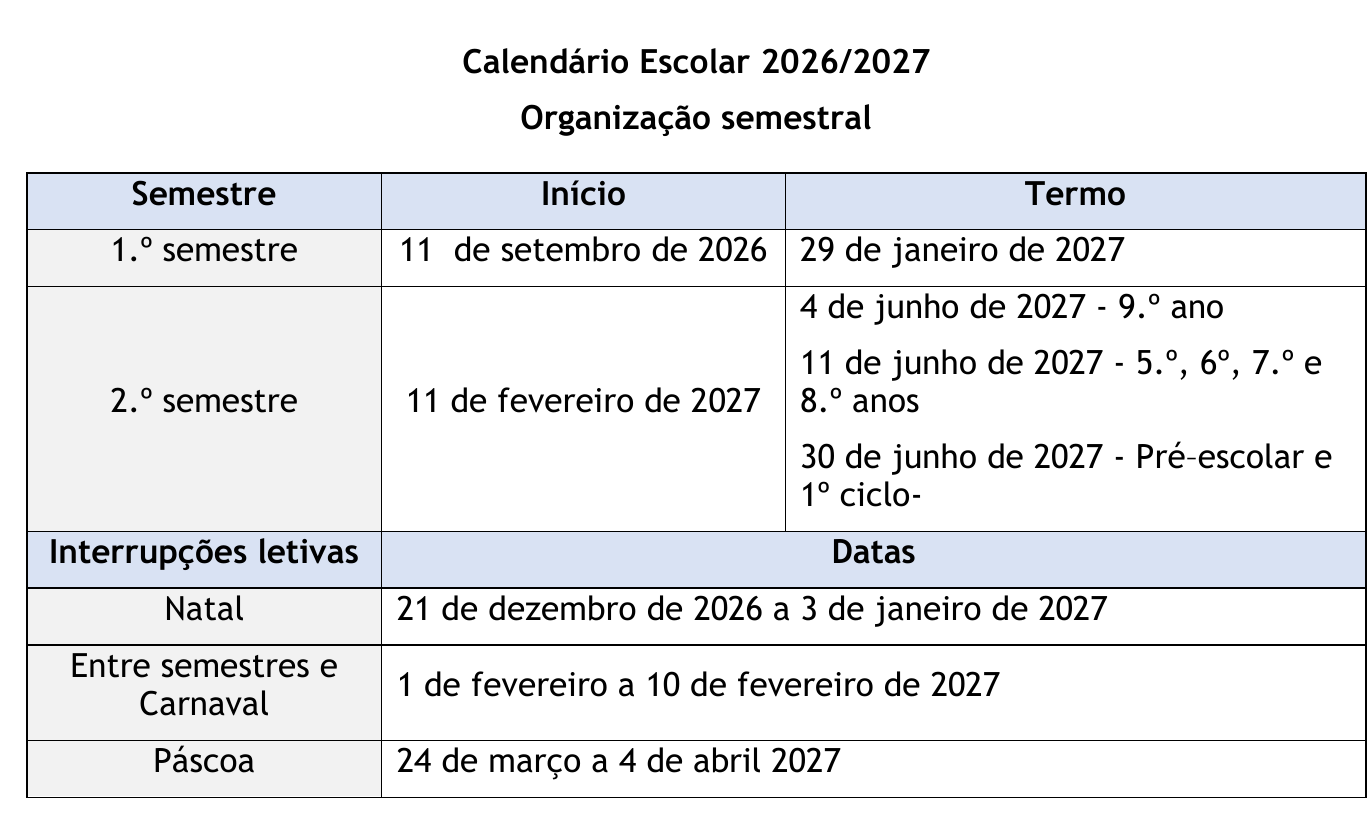 Tabela do calendário escolar 2026/2027 do Agrupamento Conde de Oeiras